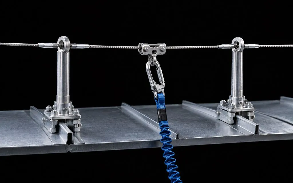 Linea vita con carrello e cordino anticaduta su copertura metallica